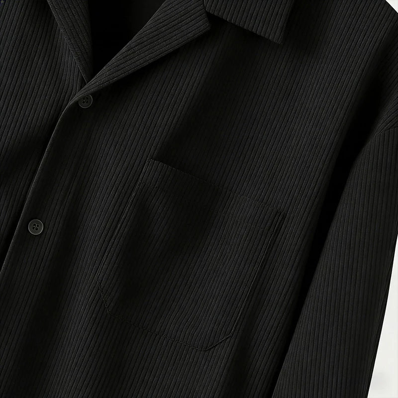 Autumn Men Corduroy Cropped Shirts Long Sleeve Solid Color Suit Collar Casual Blouse American Retro Premium Loose Cardigan Tops