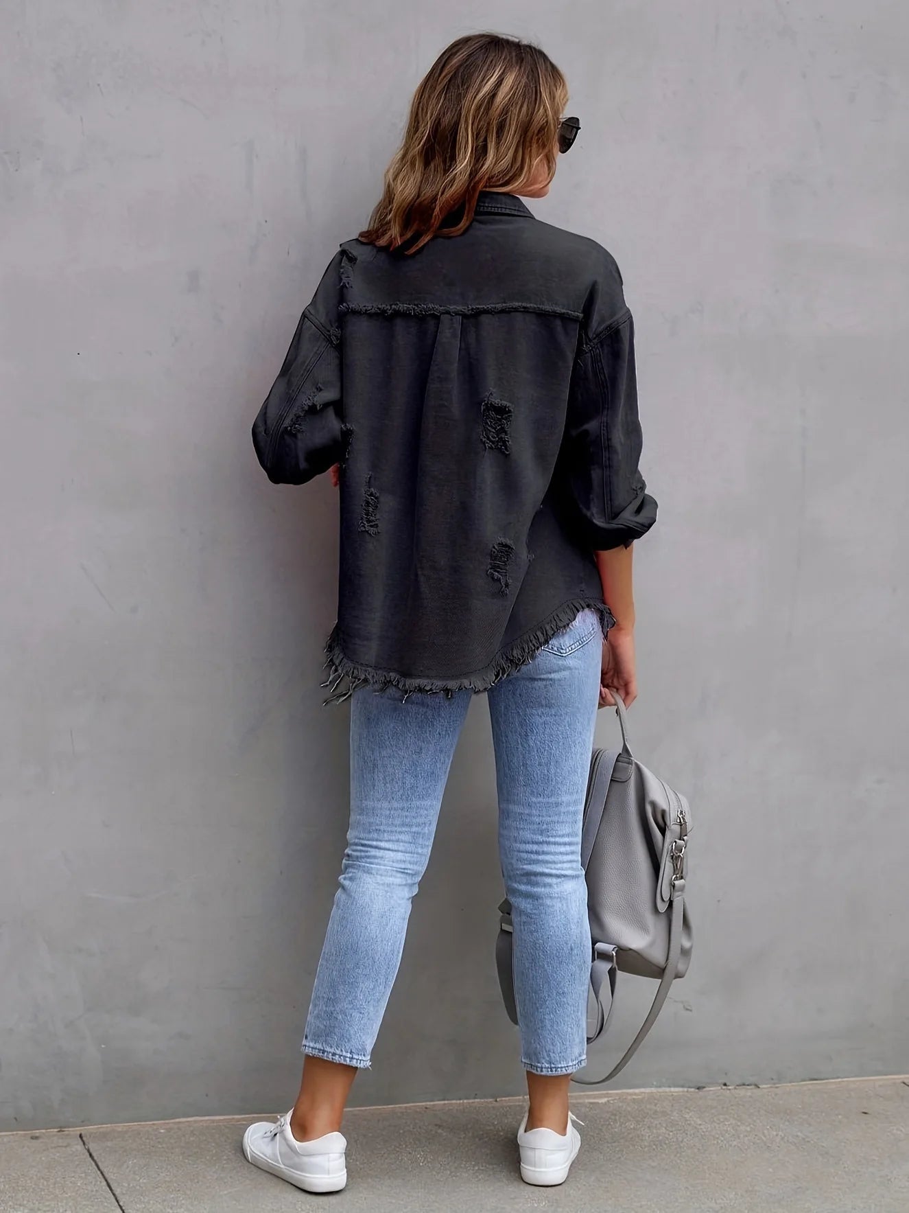 Women's Fashionable Solid Color Mid-Length Ripped Denim Jacket Long-Sleeved Spring Autumn Trend
