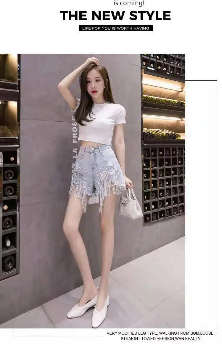 Women Luxurious Beading Tassel Sequins Denim Shorts 2026 Summer High-waist Loose-fitting Shorts Korean Style Ripped Denim Shorts