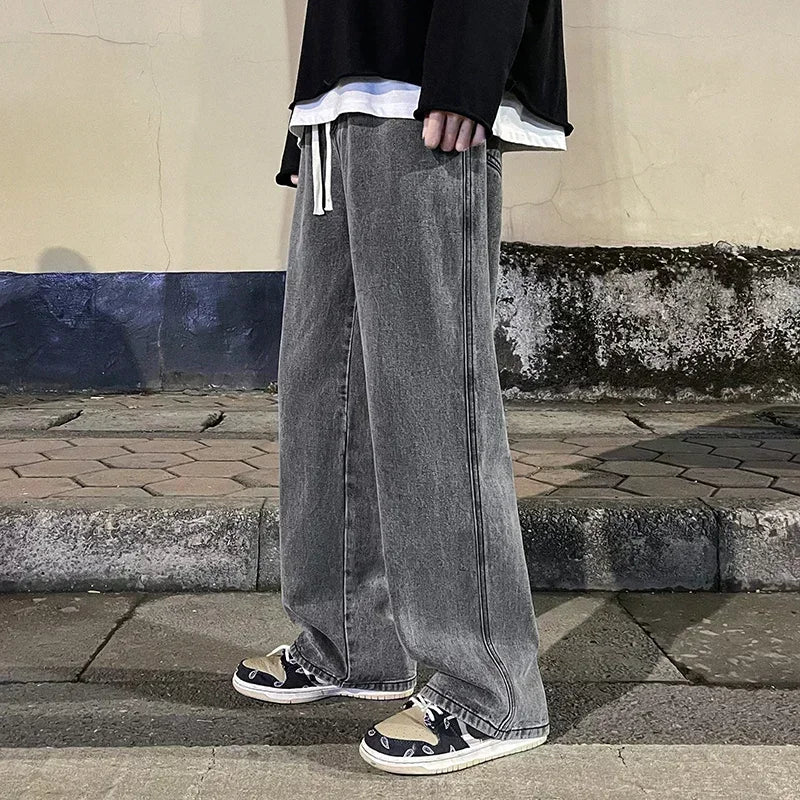 Korean Style Streetwear New Fashion Baggy Casual Men Jeans High Street Harajuku  Denim Trousers Men Brand pants Black grey Blue