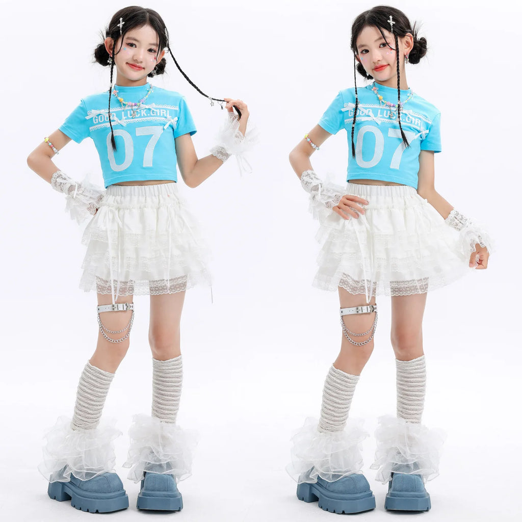 Kid Cute Hip Hop Clothing BLue Crop T Shirt Sleeves White Layered Lace Pleated Mini Skirt for Girls Jazz Dance Costume Clothes