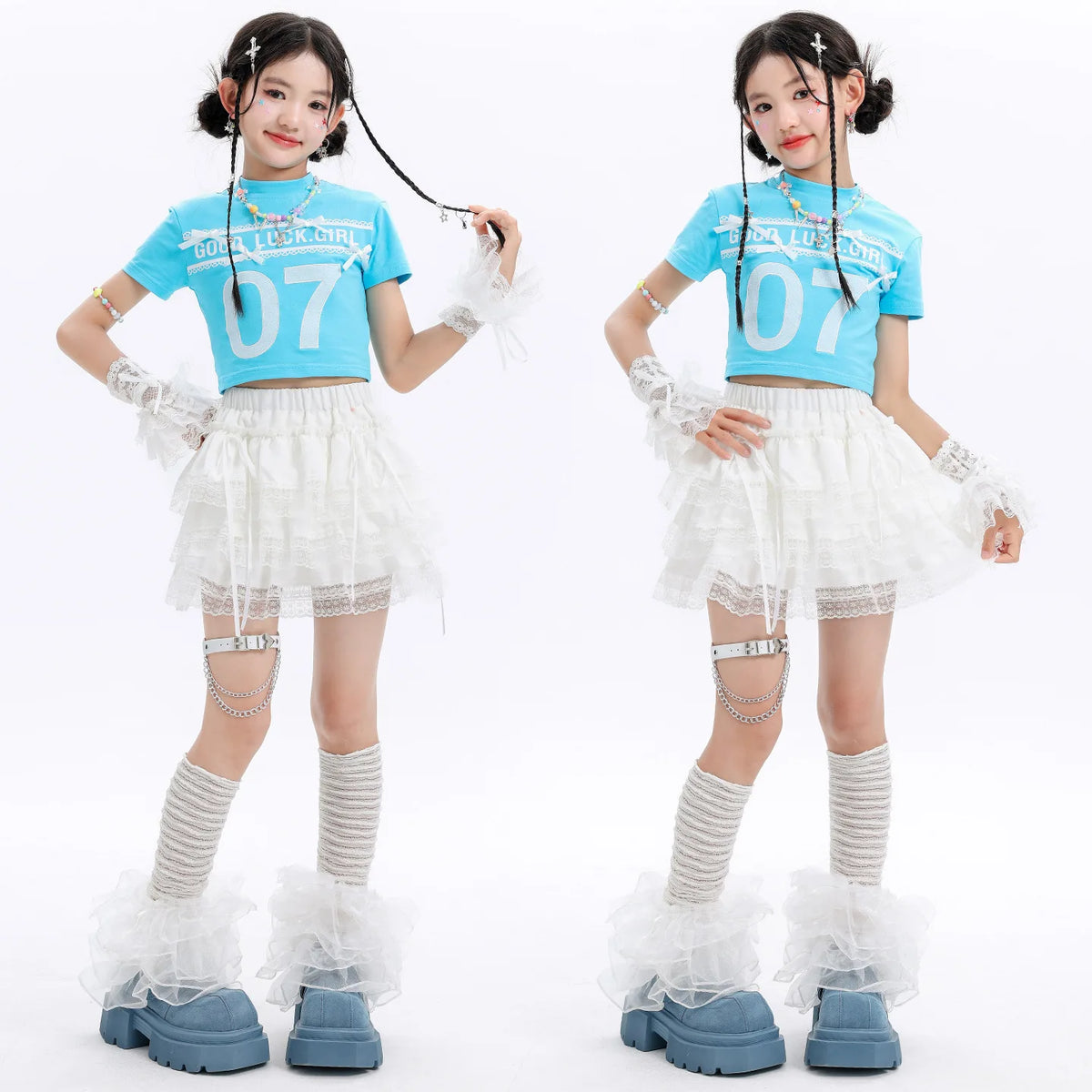 Kid Cute Hip Hop Clothing BLue Crop T Shirt Sleeves White Layered Lace Pleated Mini Skirt for Girls Jazz Dance Costume Clothes