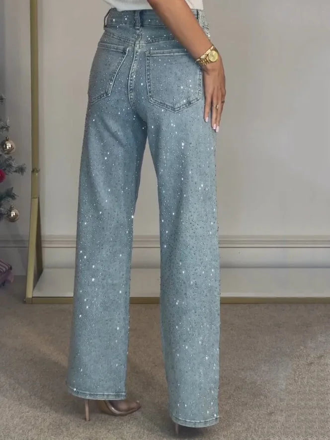 Sexy High Waist Straight Leg Women's Jeans Diamond Washed Cotton Blend Long Pants Trendy Fashionable Ladies Premium Denim