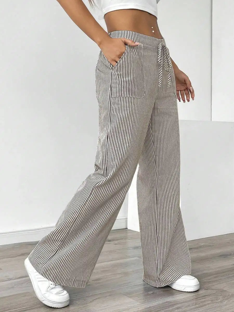 Ladies' Striped Elastic Waist Straight Leg Trousers With Pockets Summer Casual Long Pants Soft Breathable Wide Leg Trousers