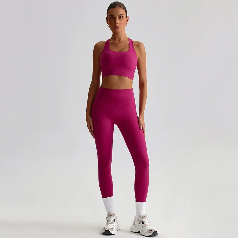 Naked Feel Yoga Set Women Fitness Sportswear 2 Piece Strappy Sports Bra High Waist Gym Leggings Workout Outfit Active Wear
