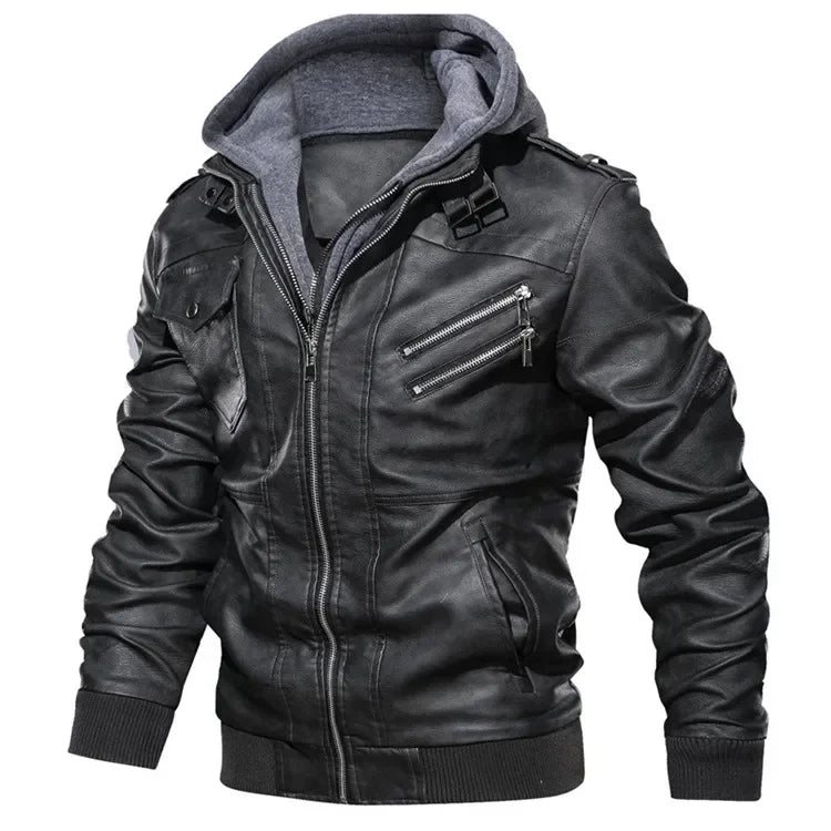 New Men's Hooded Leather Jackets Autumn Winter Casual Zipper Motorcycle PU Jacket Biker Leather Coat Hat Detachable Punk Outwear