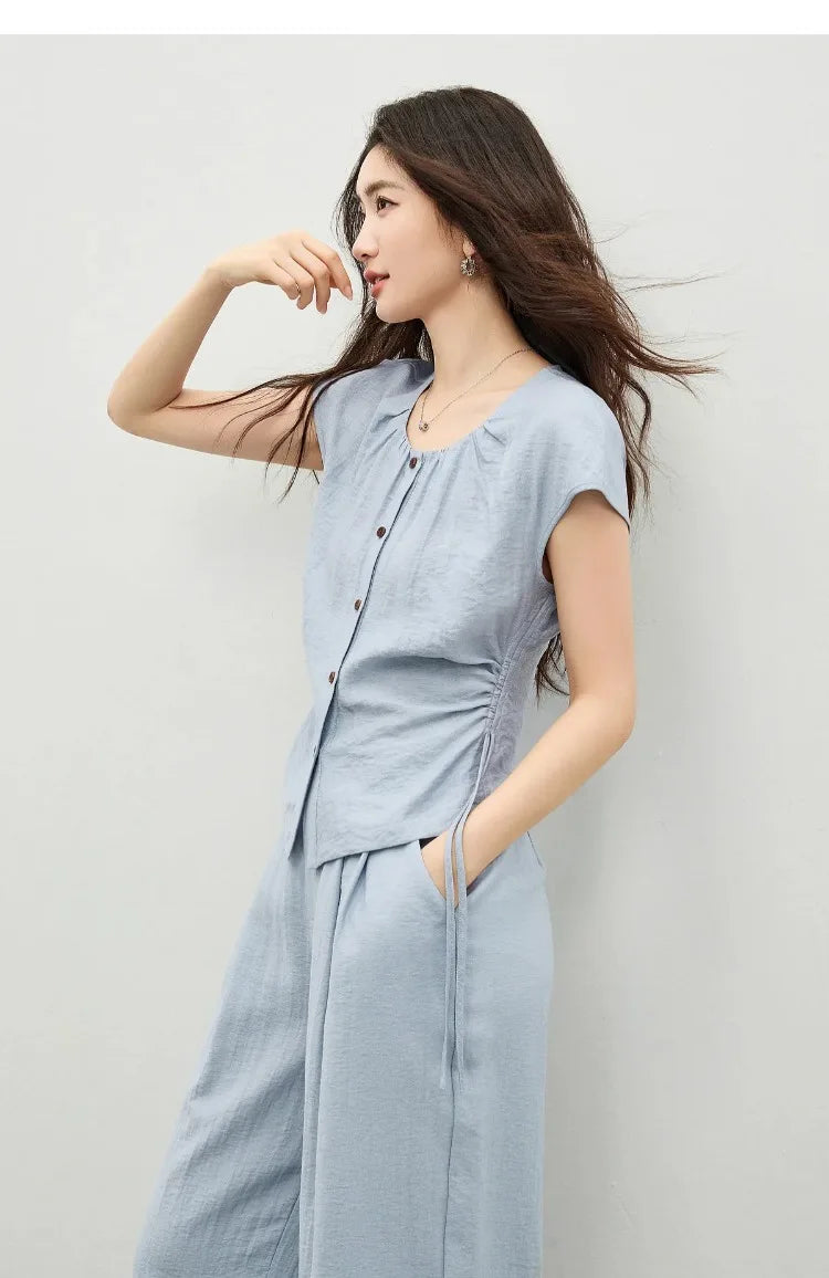 SENTUBILA Women's Office Set 2026 Summer New Blue Button Shirred Drawstring Slim Top Straight Pant 2 Piece Sets 162ZK6231