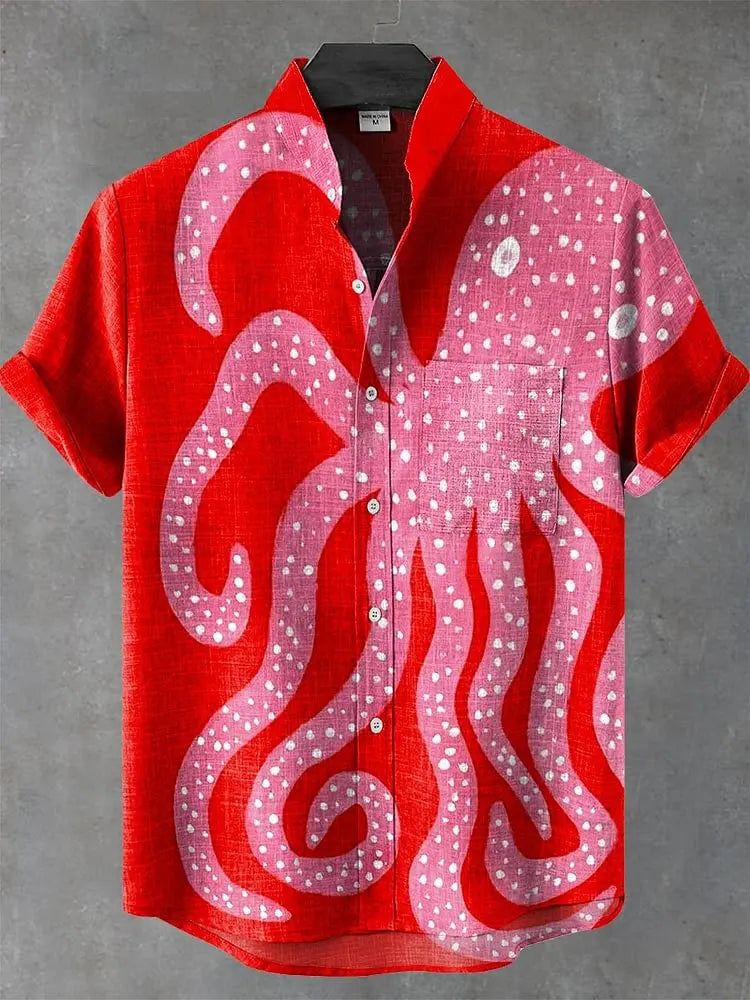 Men's new retro linen short sleeved shirt with giant monster pattern printed casual and comfortable button top