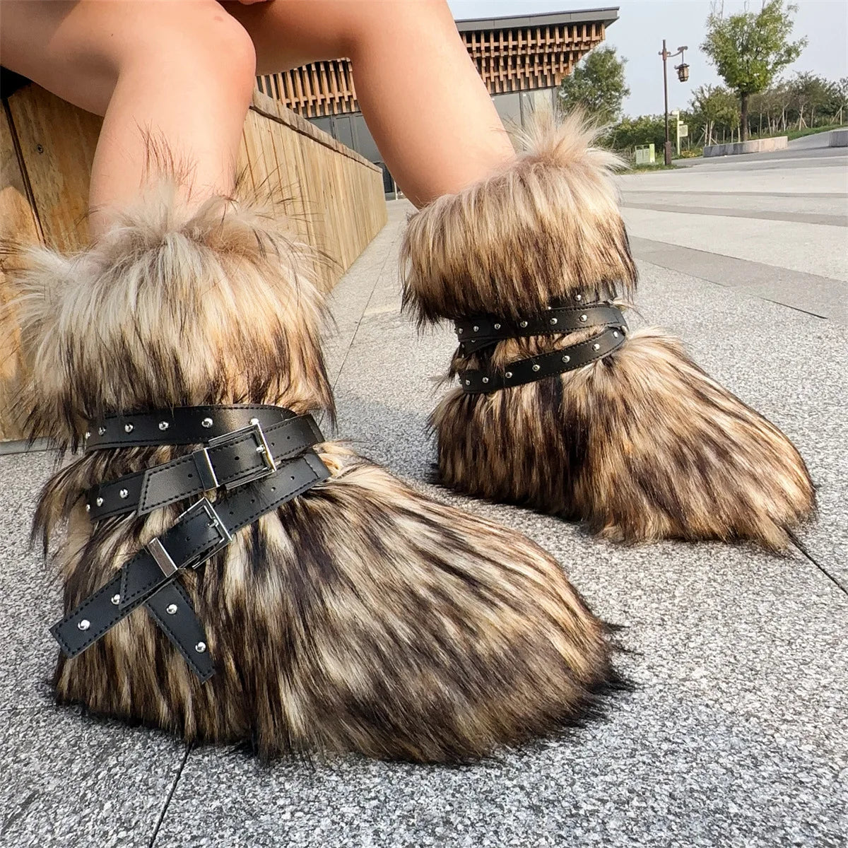 Winter Fur New Design Onepiece Raccoon FurFemale Snow Boots Fur shoes OutdoorMid Leg Boots y2k Cool Pink Girl