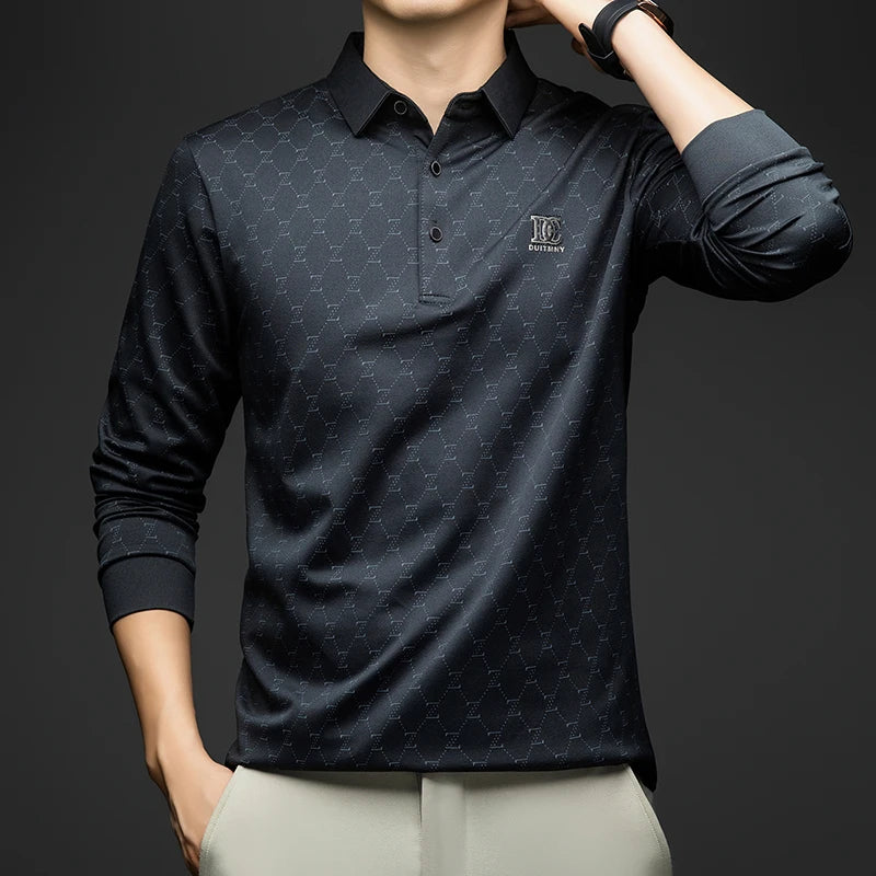 BROWON 2026 Spring Autumn Elegant Polo Shirts for Men Long Sleeve Lapel Color Printed Soft Comfortable Males Tops and Tees