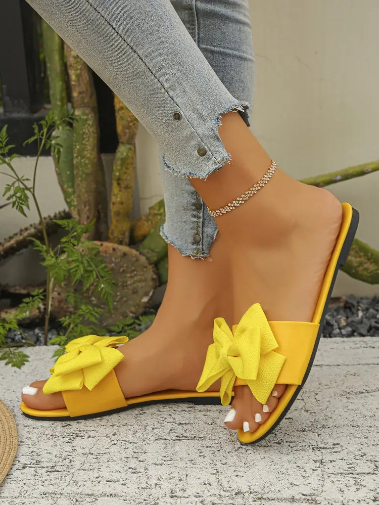 Womens Slip on Flat Sandals Big Bowknot Wide Strap Slides Mules Open Toe Casual Sweet Summer Beach Comfort Daily Walking Shoes