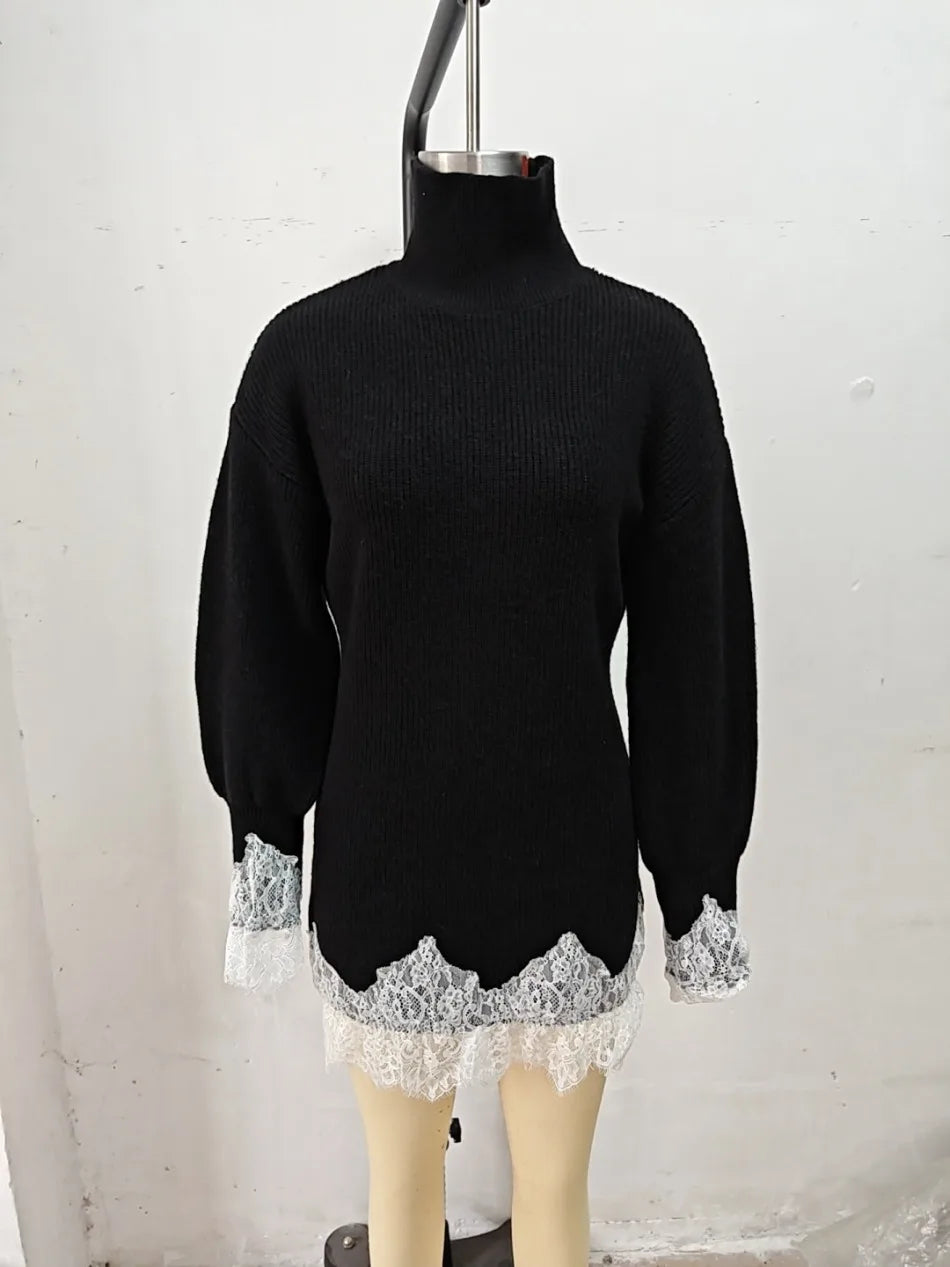 Women's Black Knitted Turtleneck Sweater Dress Lace Splice Mini Dress Fashion Spring Autumn Vintage Casual Retro Loose Dress