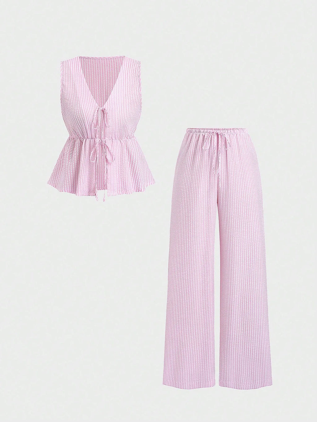 2026 Summer Solid Color Striped Suit Casual Lace All-match Vest Loose Lace Trousers Casual Sweet Suit Women's Two-piece Set