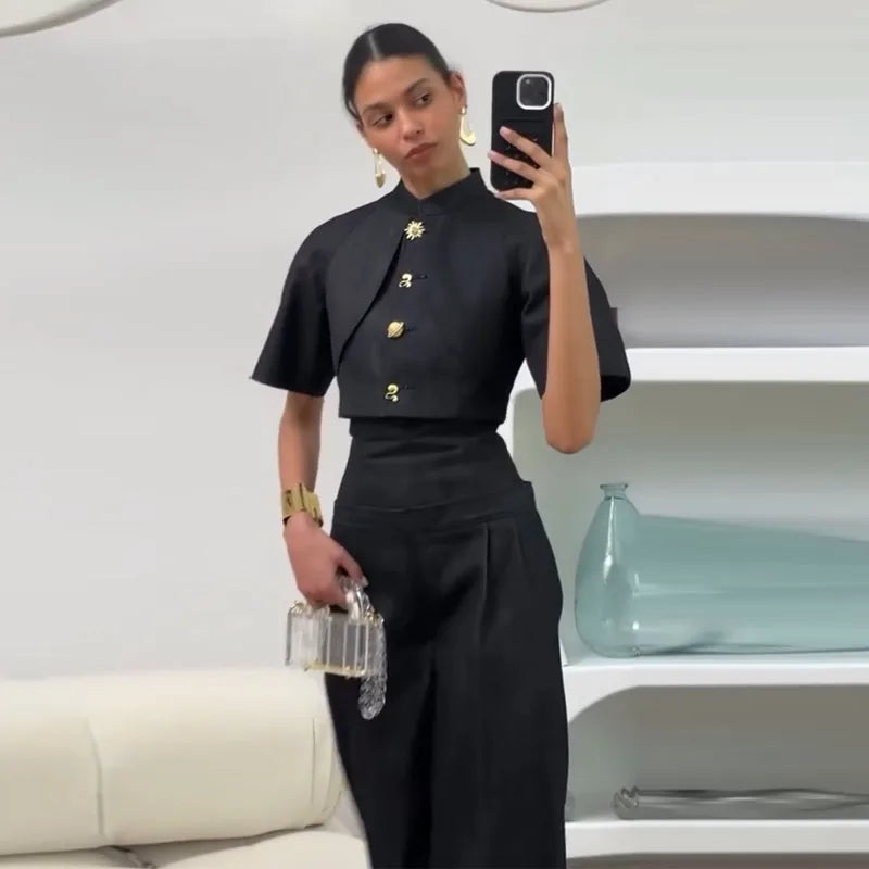 Street Denim Top Pants Women Set Short Sleeve Stand Collar Coats Wide Leg Trousers 2026 Summer Autumn 2 Pieces Set Women New