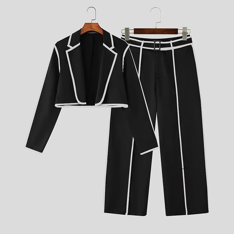 INCERUN Men Sets Patchwork Autumn 2025 Lapel Long Sleeve Crop Blazer & Pants Two Pieces Sets Streetwear Loose Fashion Men Suits