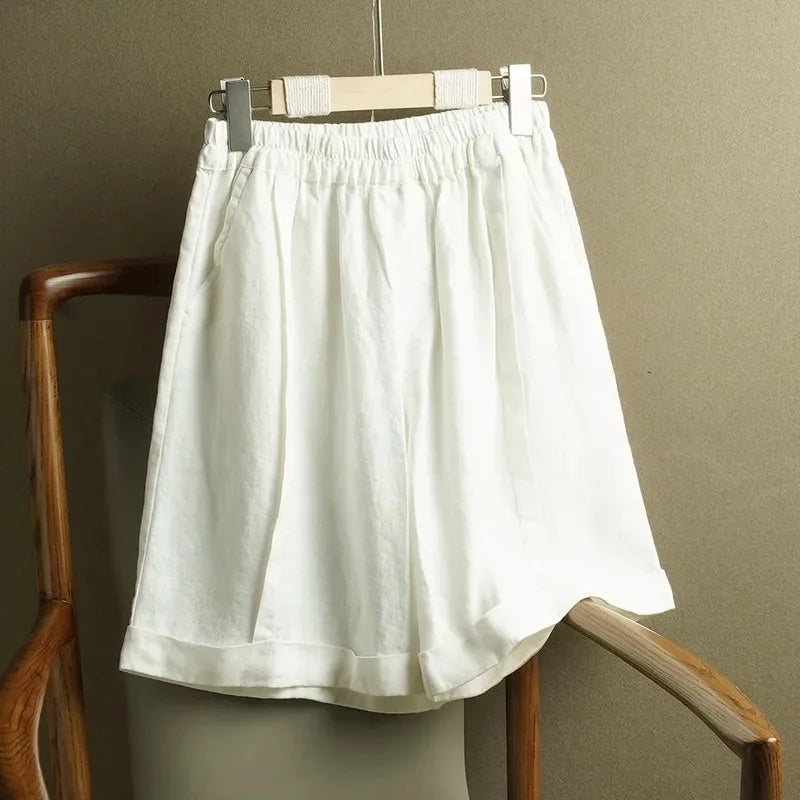 Women's Spring Summer New Linen Wide Leg Shorts Elastic High Waist Casual Loose Plus Size Straight Leg Pants