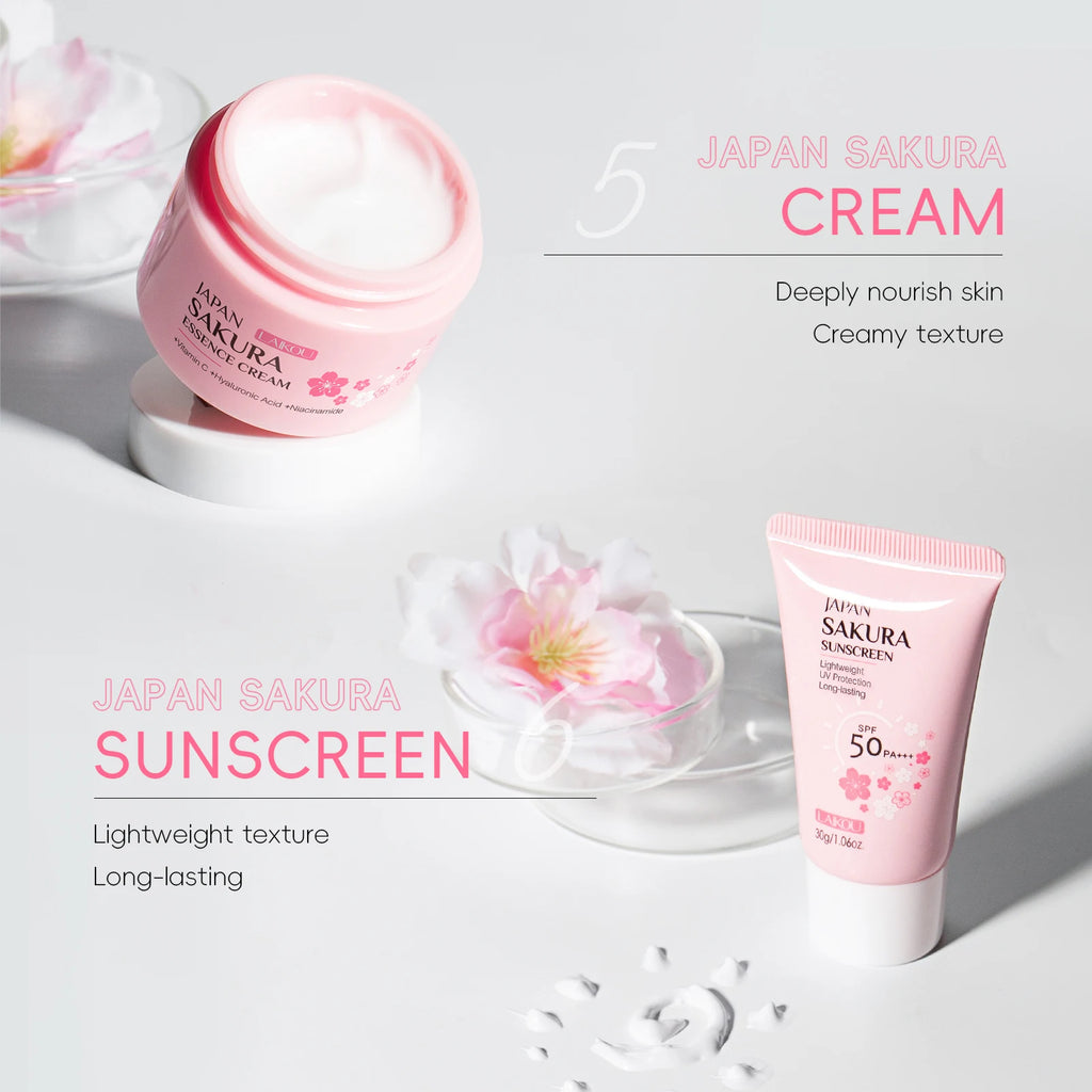 LAIKOU Japan Sakura Full Skincare Set Cleanser Toner Serum Cream Eye Cream Sunscreen Travel Kit Complete Facial Care