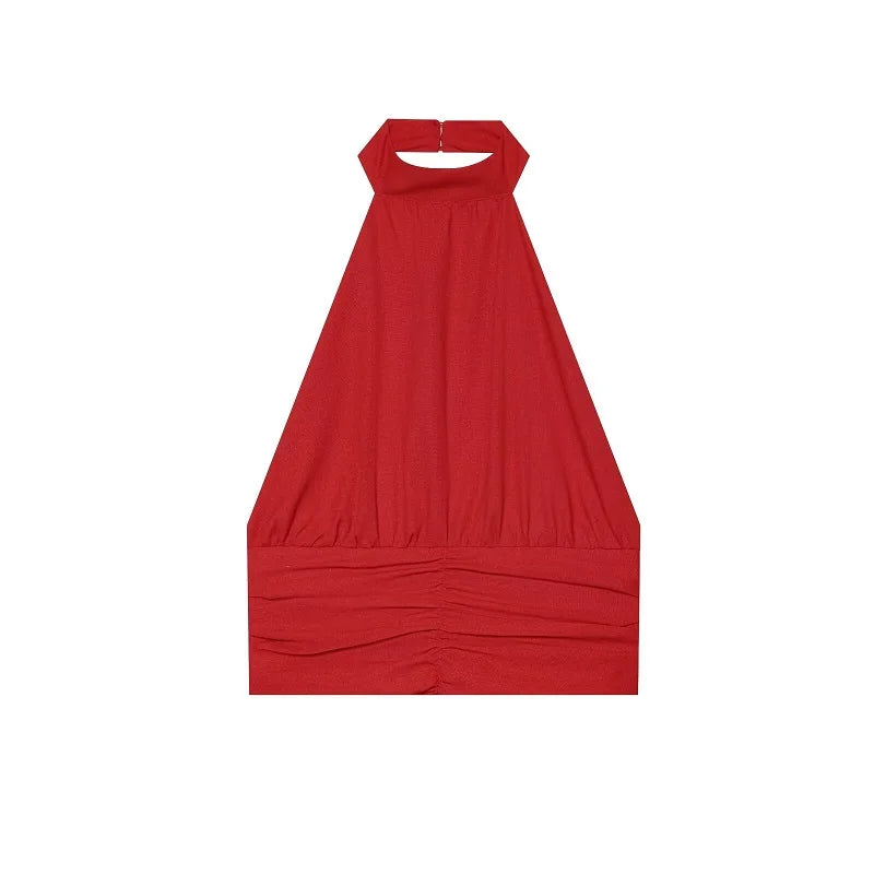 Women's Red Pants Sets Sexy Halter Backless Ruched Crop Tank Top Suit Elegant Female 2 Piece Sets Summer Woman New Matching Sets