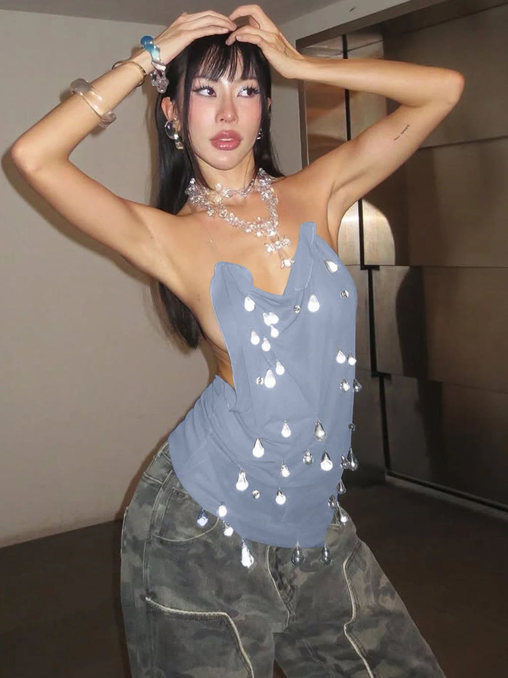 Dulzura Summer Fashion Sexy Backless Water Droplets Diamond Decorate Slim Suspender Mini Dress Evening Party Club Street Clothes