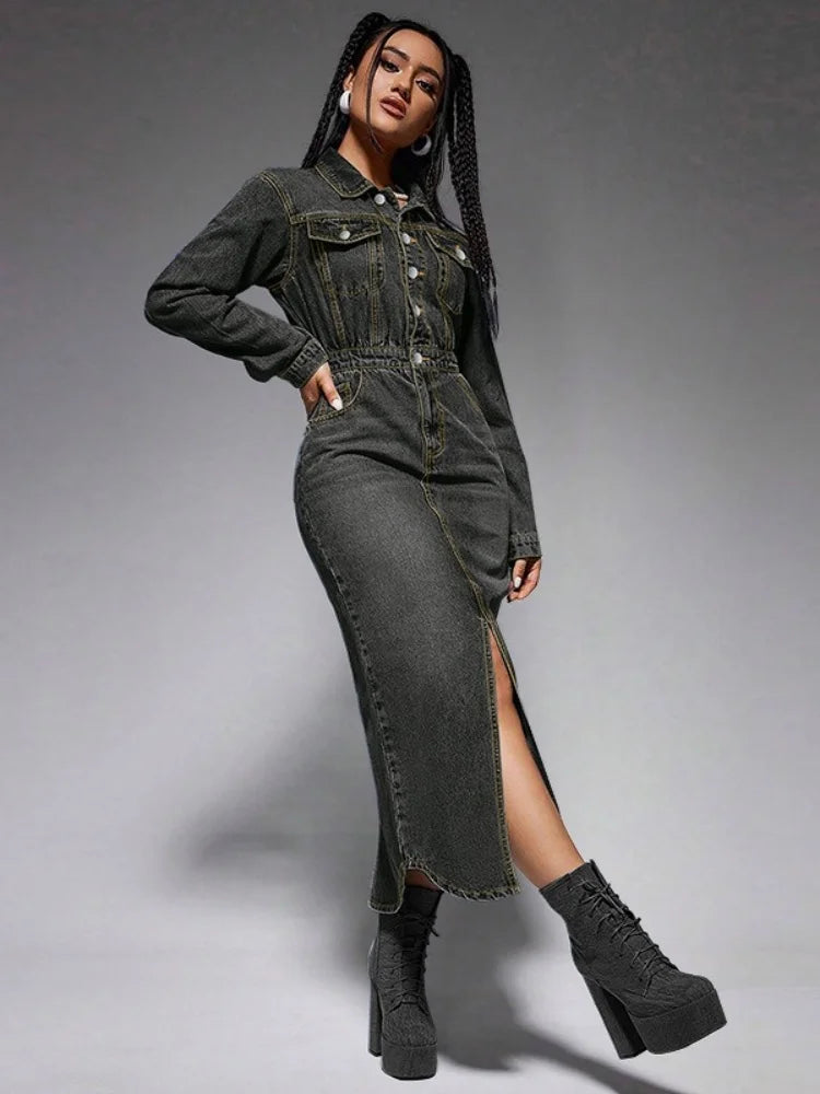 Wmstar Denim Dresses Women Long Sleeve Casual Button Pockets Maxi Dress Fall Clothes Fahion Streetwear Wholesale Dropshipping