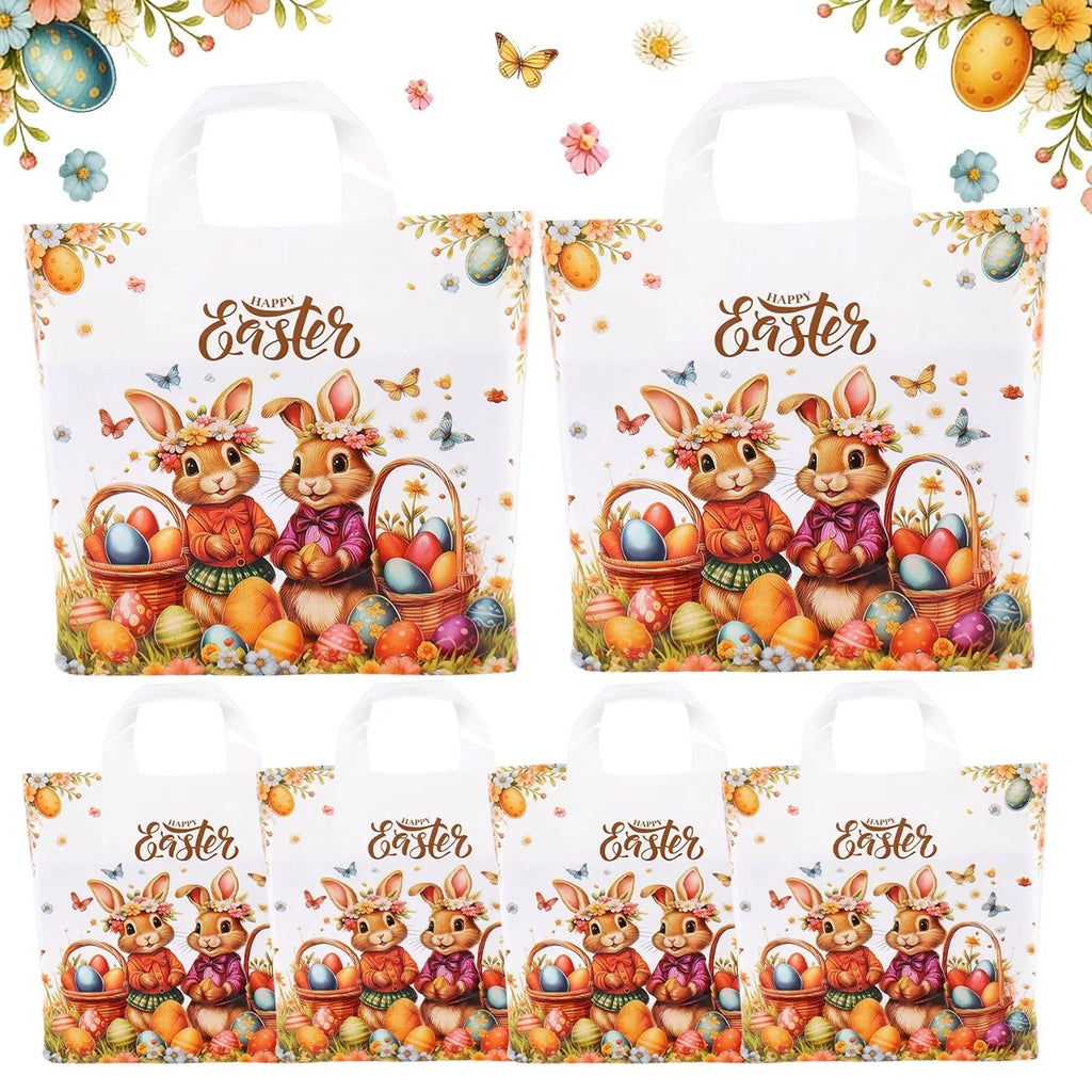 6pcs Happy Easter Large Gift Bags with Handles 25*30cm Plastic Tote Bags Cute Bunny Eggs Printed Treat Bags Easter Party Needs