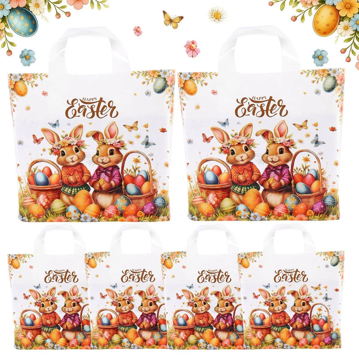 6pcs Happy Easter Large Gift Bags with Handles 25*30cm Plastic Tote Bags Cute Bunny Eggs Printed Treat Bags Easter Party Needs