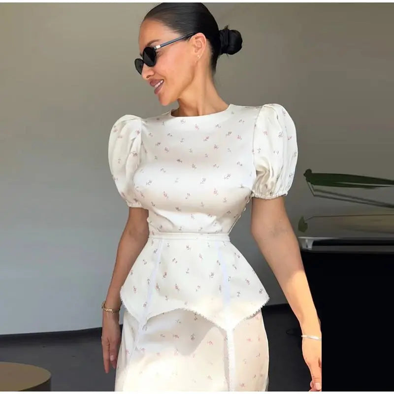 Elegant Women's Printed Waistband Stain Long Dress Slim Waist Cinched Bubble Sleeve Dresses 2026 Spring Summer Party Robes
