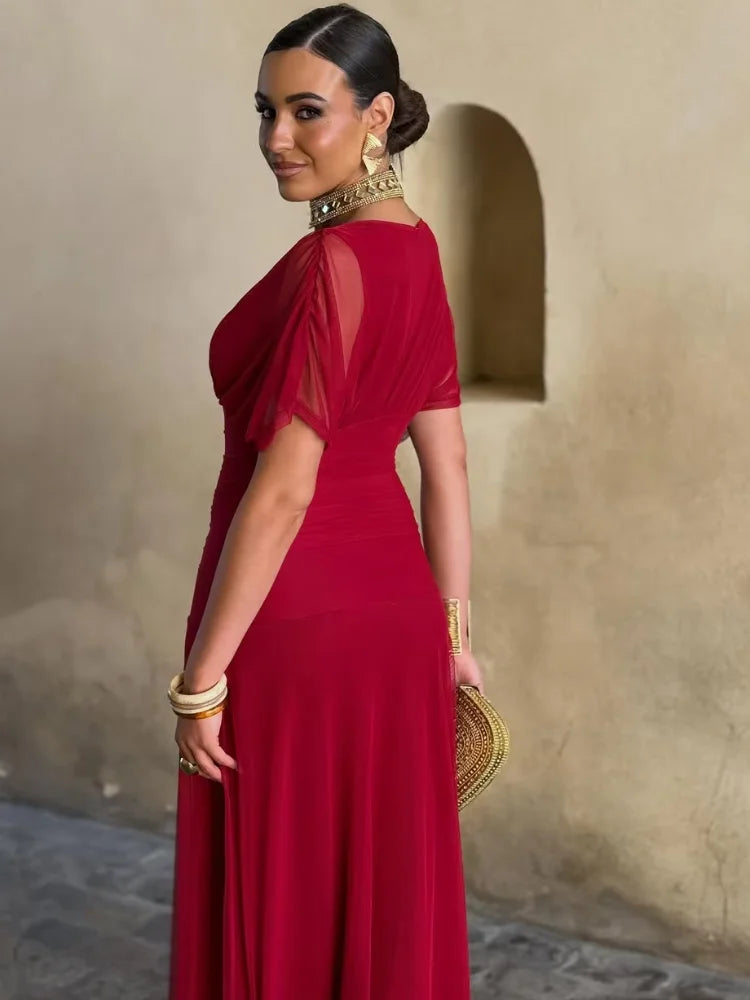 Women Solid Deep V-neck Mesh Long Dress Elegant Puff Short Sleeve Ruched Waist High Vestidos 2026 Summer Lady Casual Street Robe
