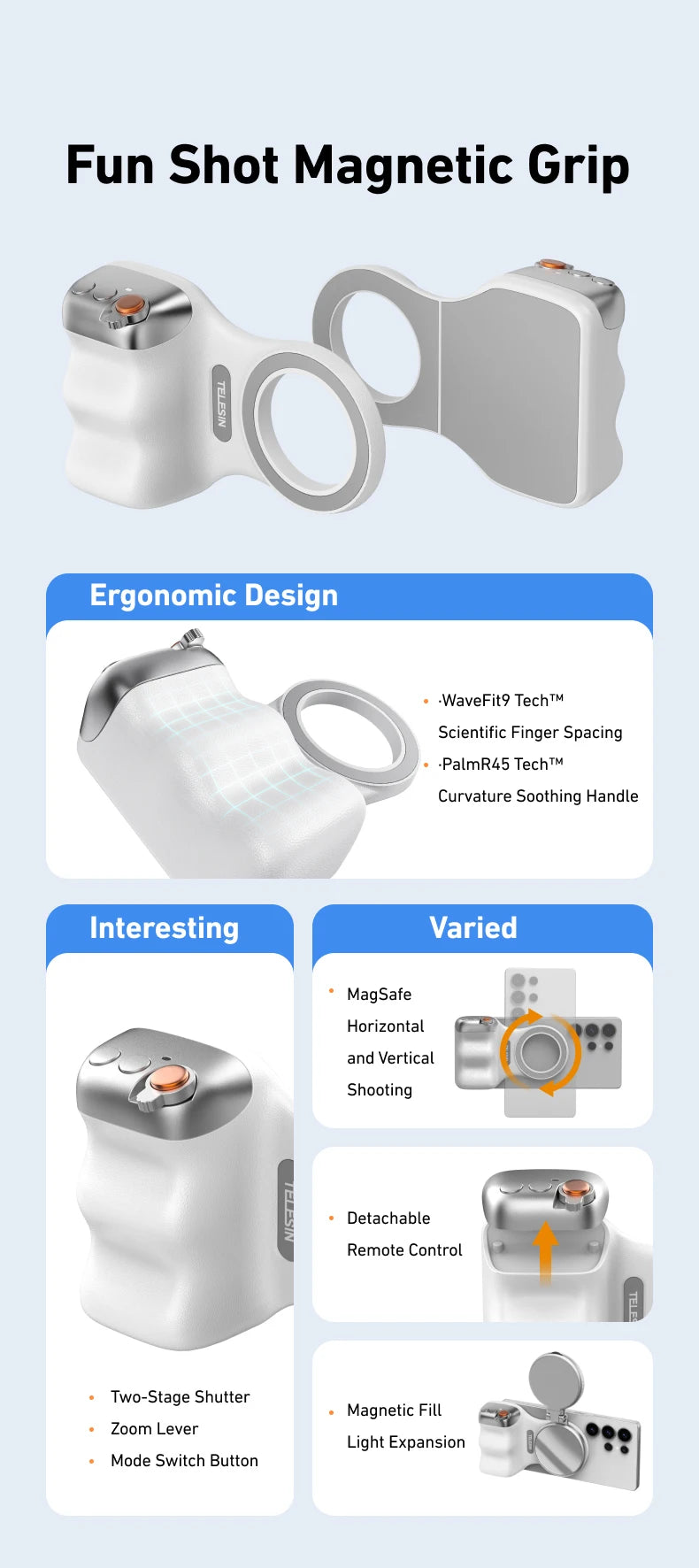 TELESIN Phone Camera Shoot Hand Grip Magnetic Smart Phone Holder Shooting Aid Remote Control Handle For Iphone Android Phone