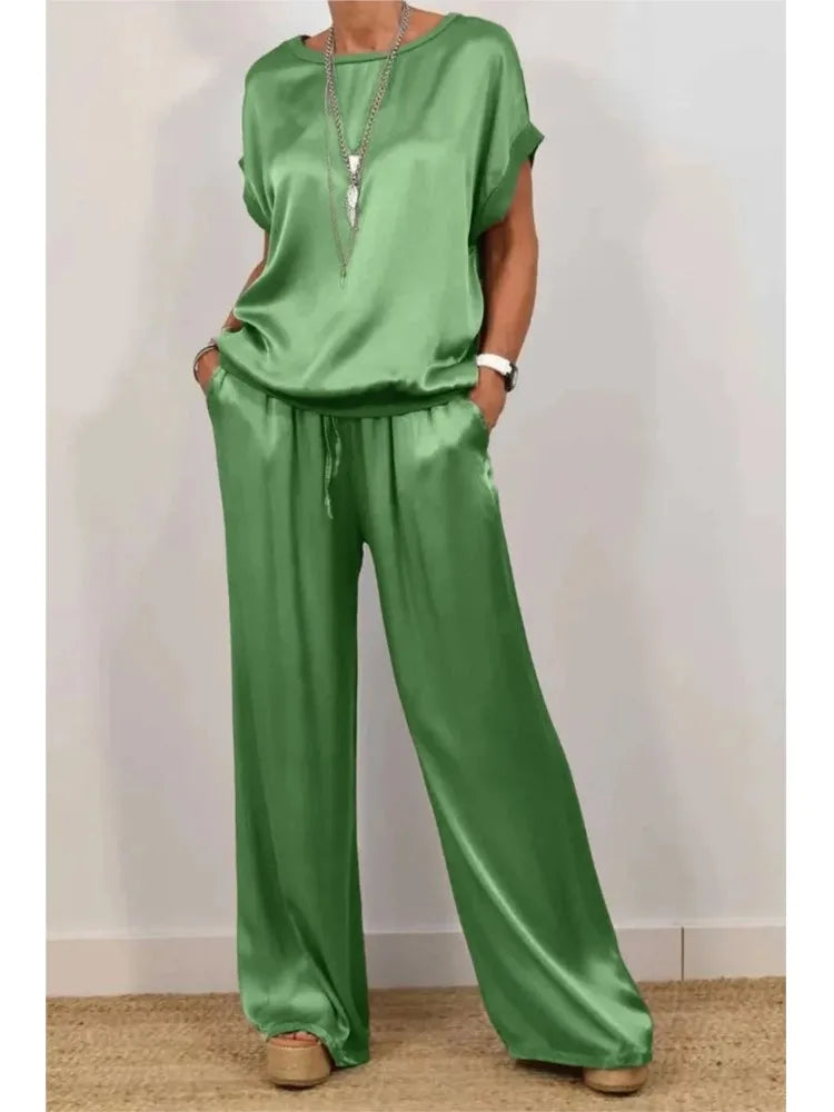 Spring Summer Fashion Solid Smooth Satin Two Piece Sets New Women's O-neck Short Sleeve Top + Wide Leg Pant Casual Loose Set