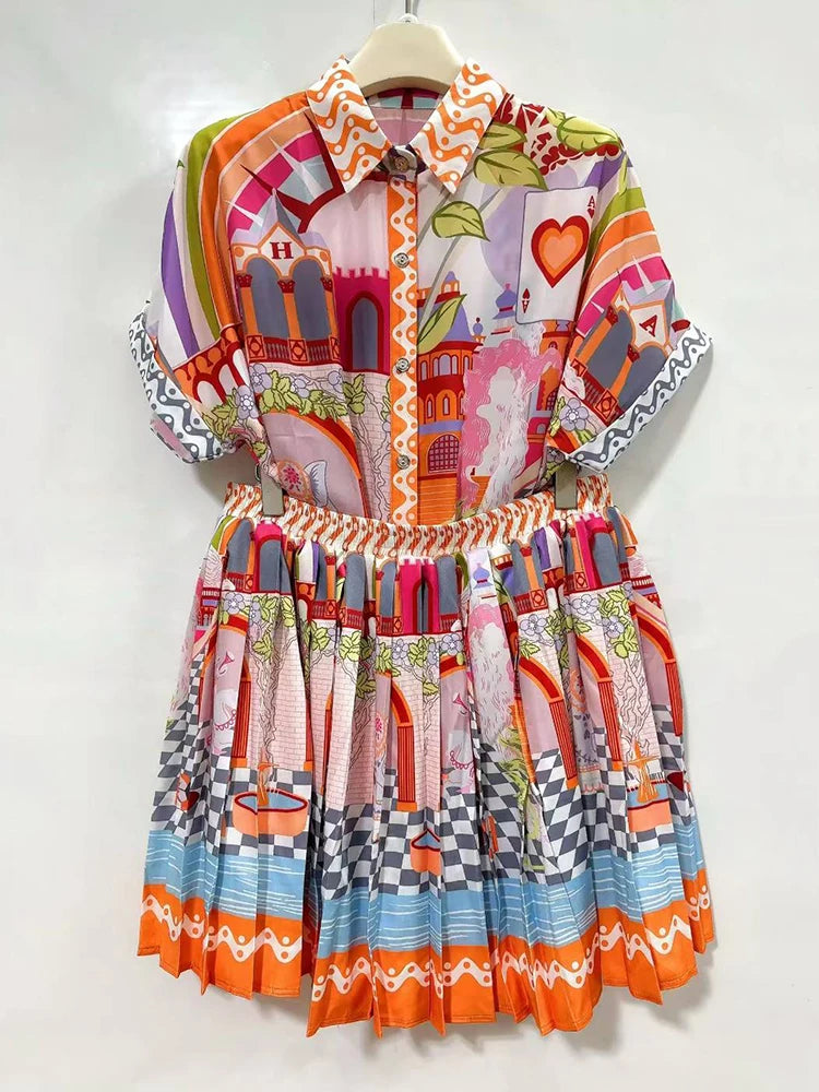 Designer retro geometric print lapel short-sleeved shirt two-piece 2026 summer women's dress+loose pleated skirt fashion suit