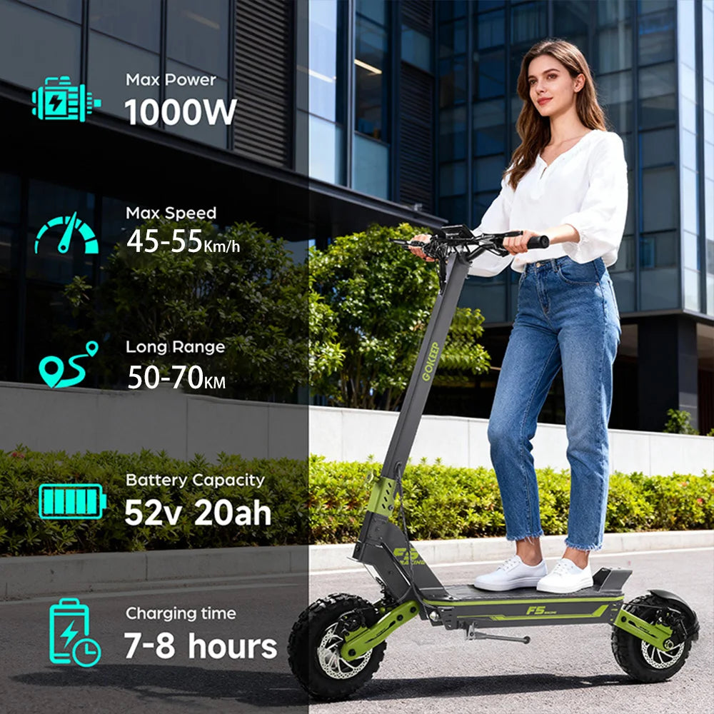Electric Scooter Gokeep F5 11" 1000W Motor Full Suspension E-scooter 52V 20AH Max Range 70Km Load 120Kg