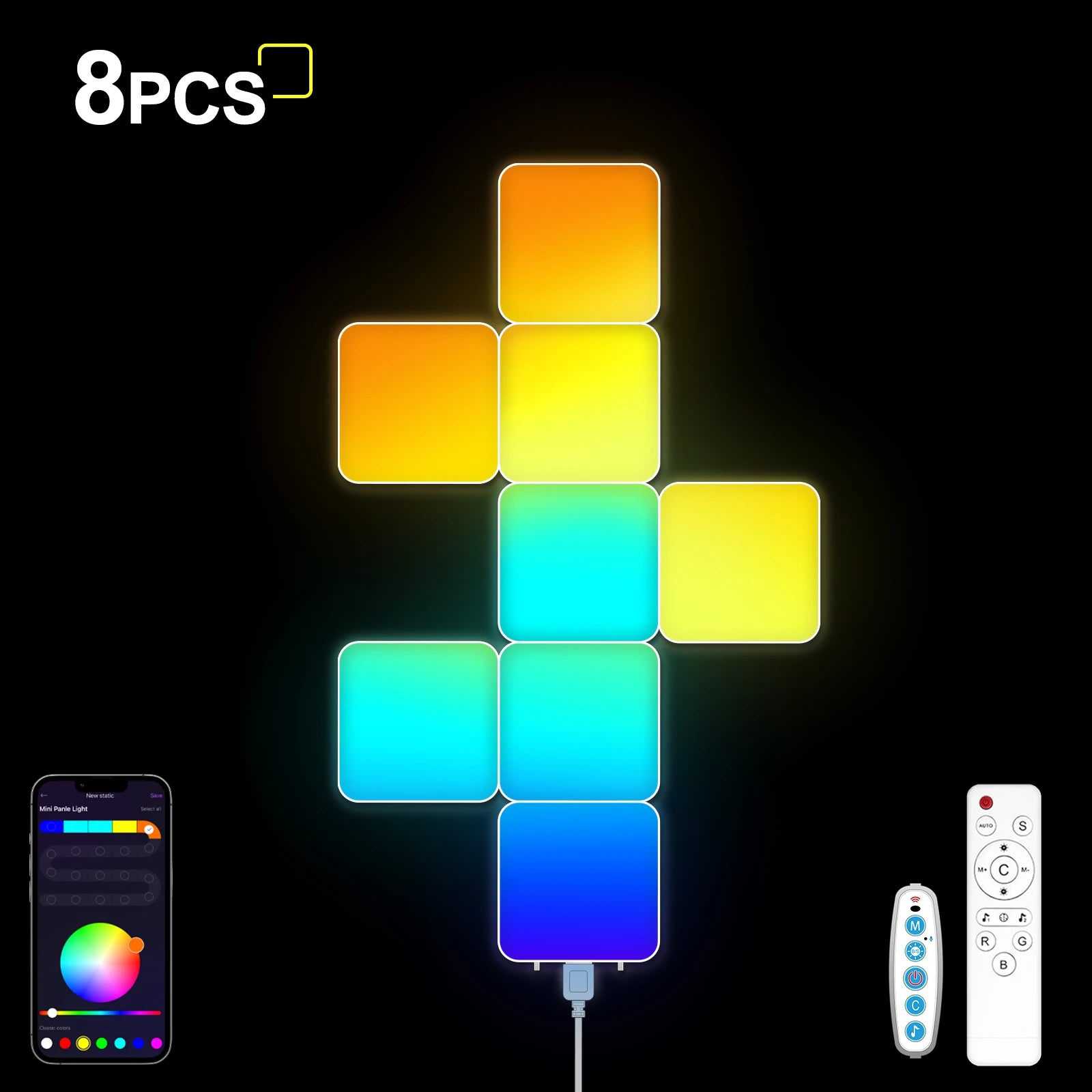 Smart Grid LED Wall Light Kit - RGB Color Changing with App & Music Control, DIY Creative Backlit Panels for Gaming Room & Bedro