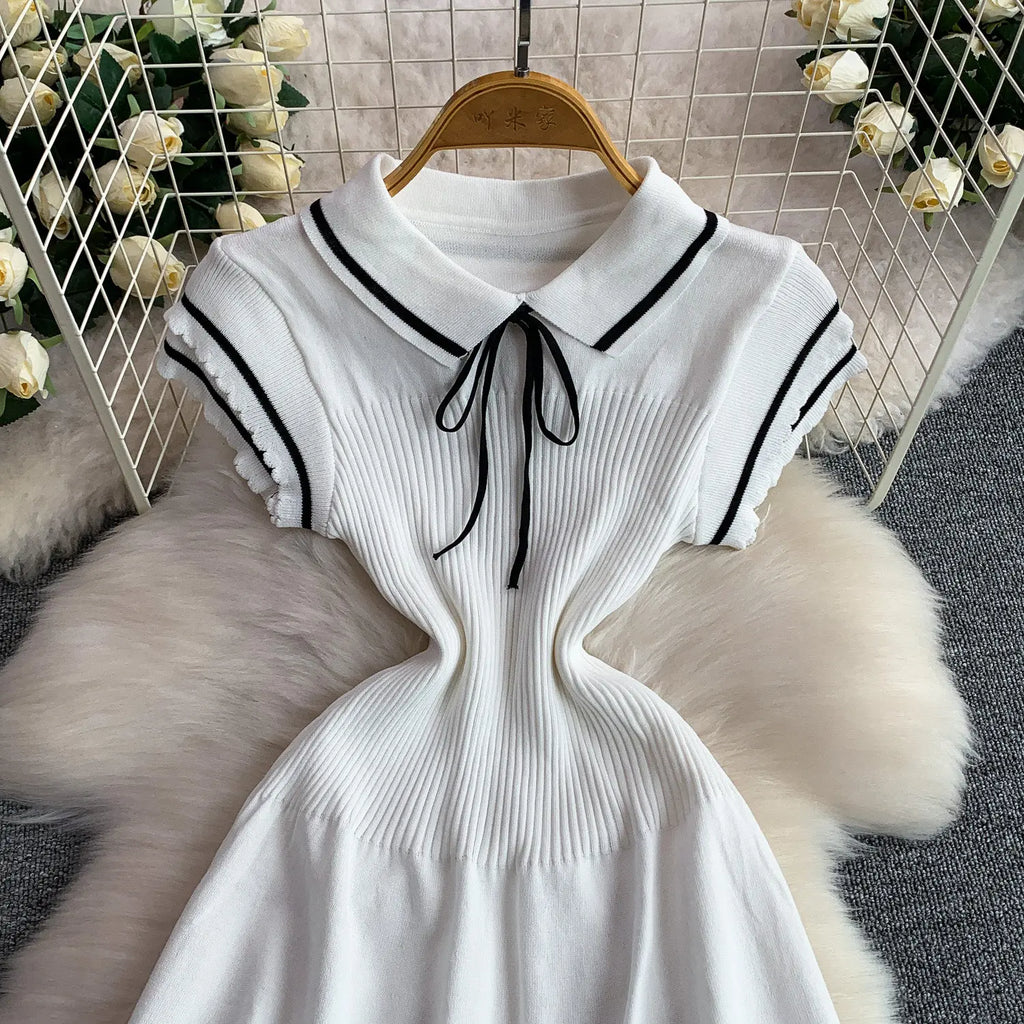 Summer Women Sweet Strechy Sundress Turndown Collar Short Sleeve Knitted Dress Lace Up Bow High Waist A-line Mini Dress