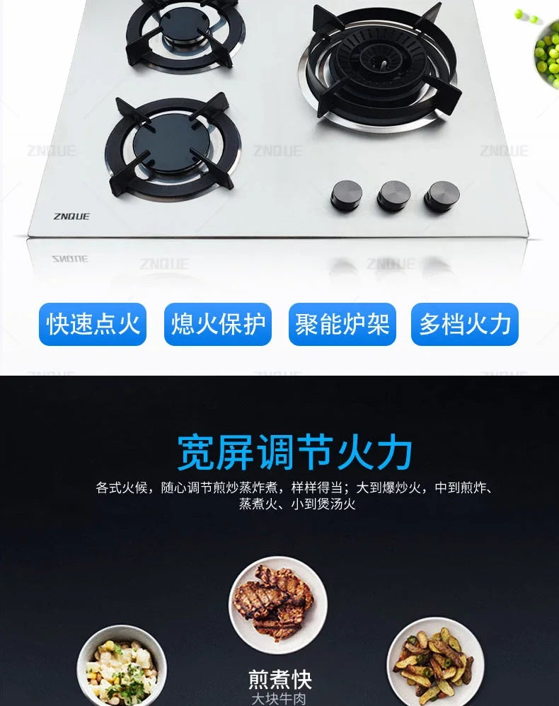 3-Burner Stainless Steel Gas Hob European Style Built-in Natural Gas Kitchen Stove