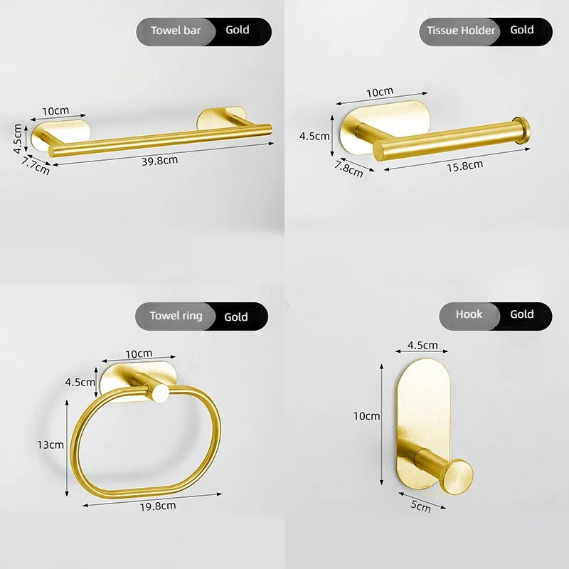 4pcs Bathroom Punch-free Towel Bar Set Stainless Steel Bathroom Hardware Wall-mounted Towel Rack Hook Tissue Holder