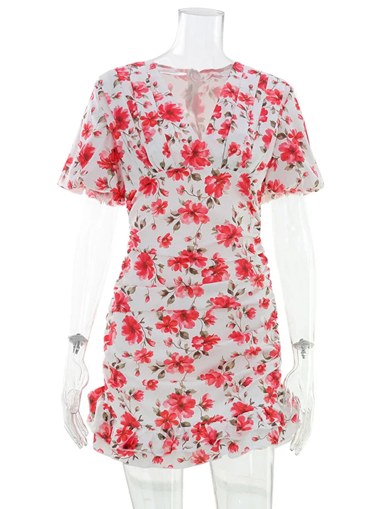 Ahagaga Summer Floral Print Mini Dresses Women Sexy V Neck Puff Sleeve Hip Wrap Slim Sheath Regular Casual Party Club Outfit