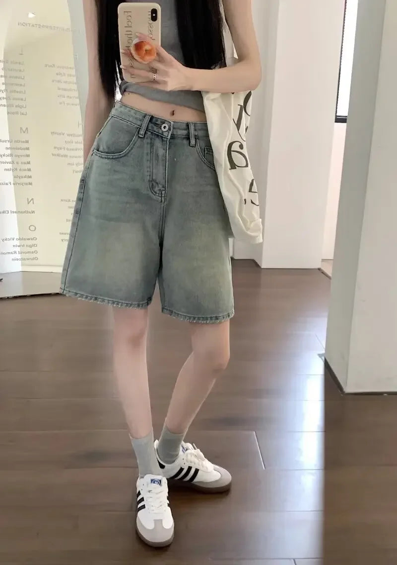 Summer High Waist Retro Jean Shorts for Women Loose Straight Denim Fashion Versatile Leisure Shorts Women's 2026