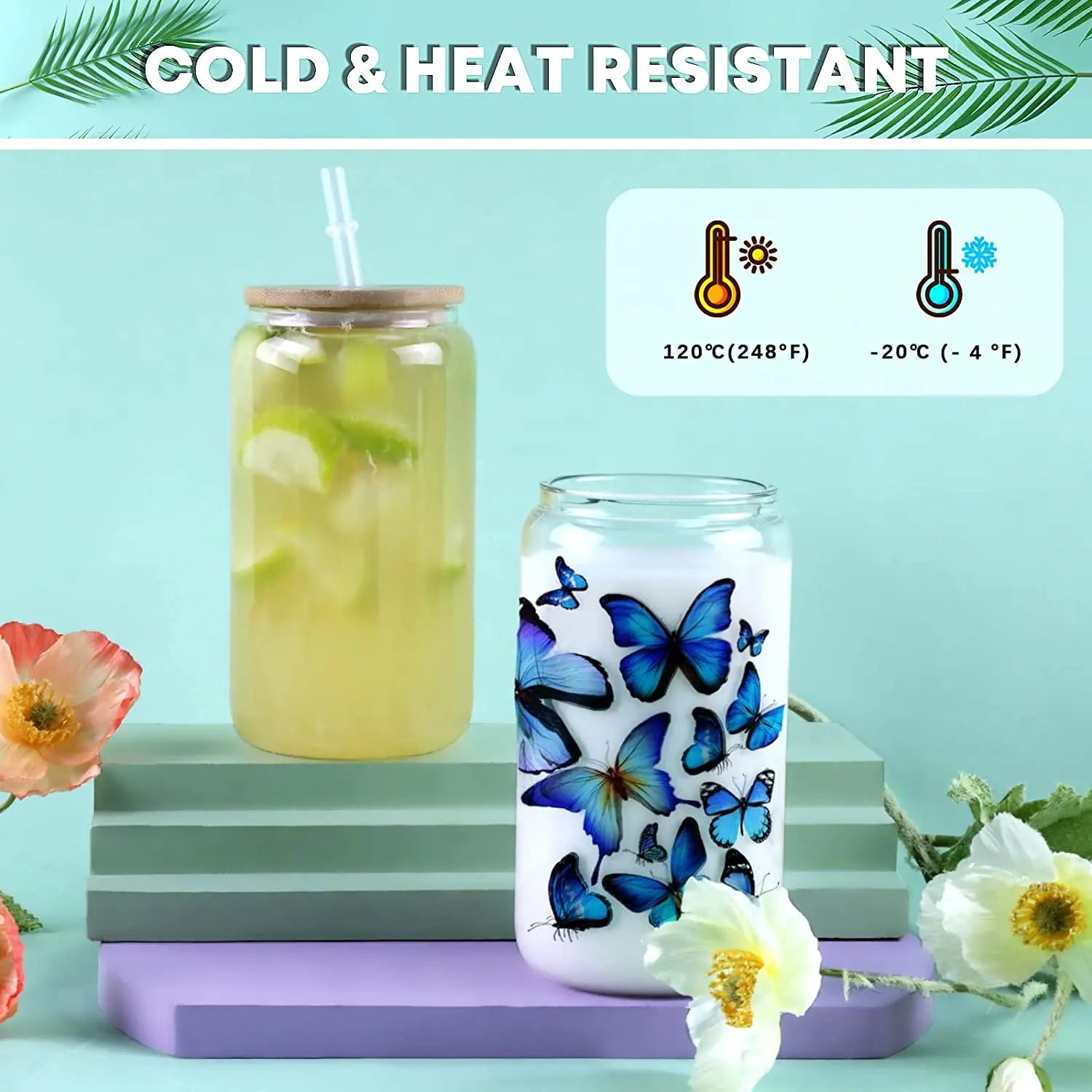 HTVRONT 8 Pack 16OZ Frosted/Clear Glass Sublimation Tumblers with Bamboo Lid Sublimate Tumbler Blanks DIY for Iced Coffee Cups
