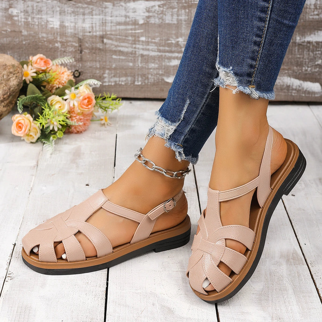 Summer Women Closed Toe Flat Sandals Hollow Out Ankle Buckle Strap Non Slip Soft Sole Daily Beach Outdoor Walking Casual Shoes