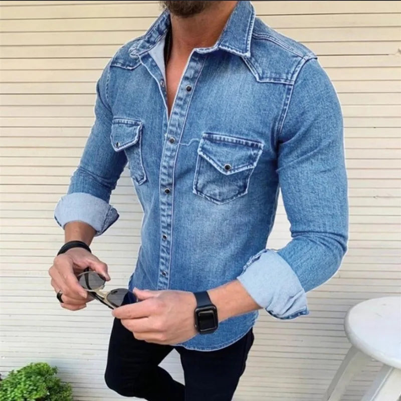 Denim Shirt Men Long Sleeve Washed Spring Summer Jean Tops