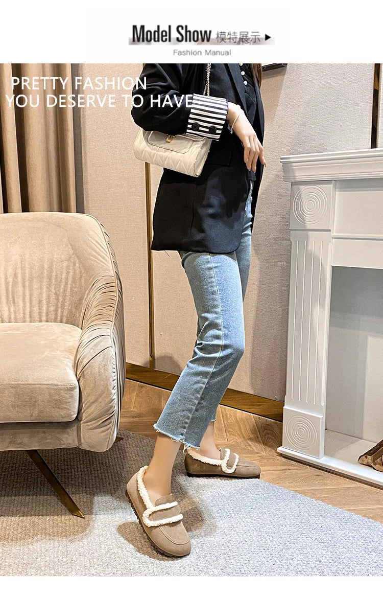 2026 Faux Suede Flats Women Lambswool Loafers Winter Warm Cotton Shoes Ladies Platform Fleeces Mocasines Female Sheep Fur Boots