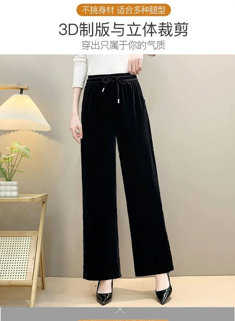 Women Drawstring High Waist Velvet Wide Leg Long Pants