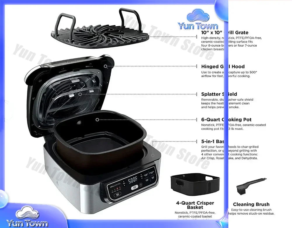 5-in-1 Indoor Electric Grill for Air Fryer Roast Bake Dehydrate Programmable Kitchen Appliance for Home Cooking Black Silver