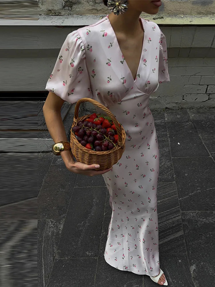 Casual Print Long Slim Dress Women Short Puff Sleeve Closed Waist V-neck Dresses Female 2026 Summer Autumn Lady Robes Chic