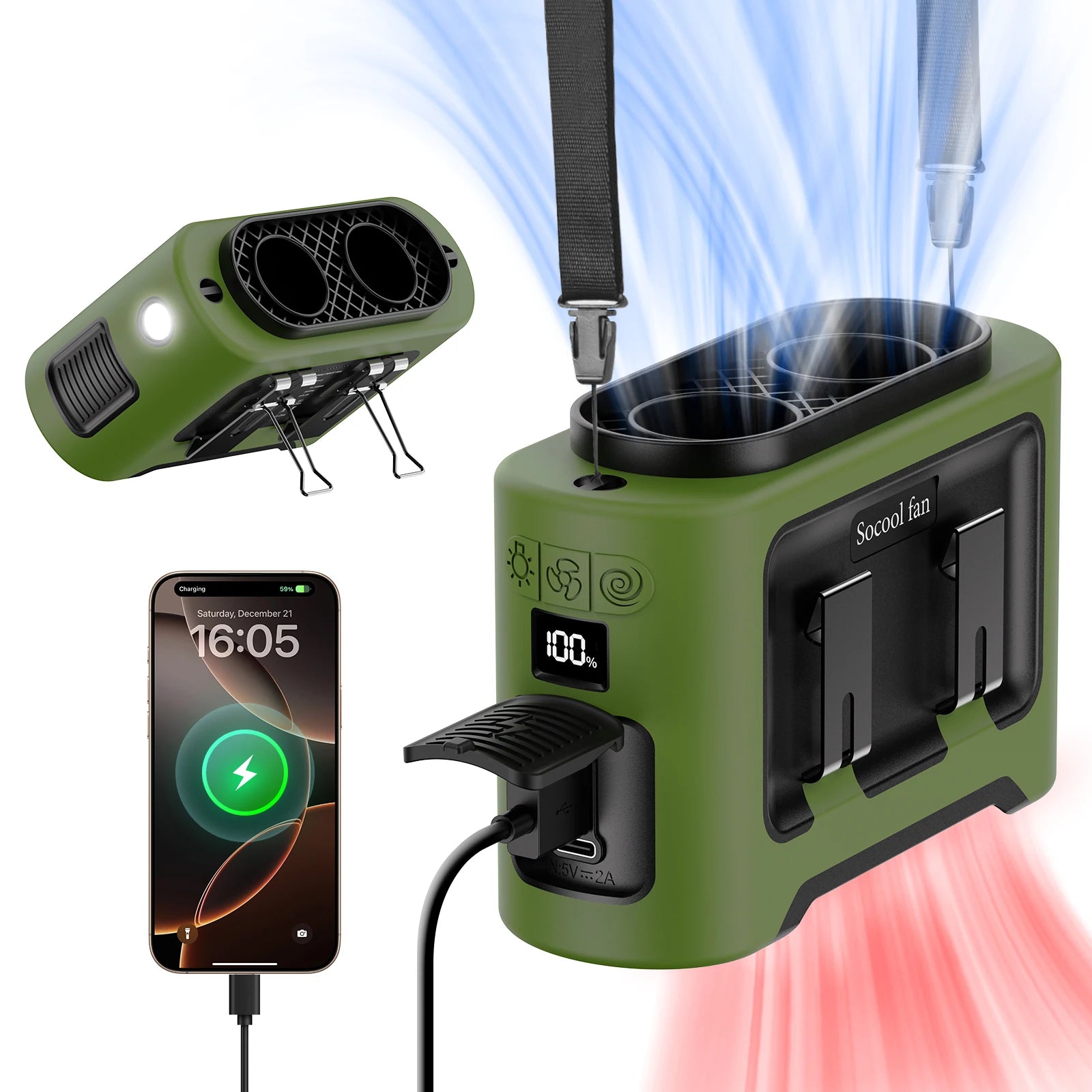 Socool 14500mAh Portable Waist Fan Dual Airflow Outlet Turbo Motors with Four Clips Emergency Flashlight Power Bank for Outdoor
