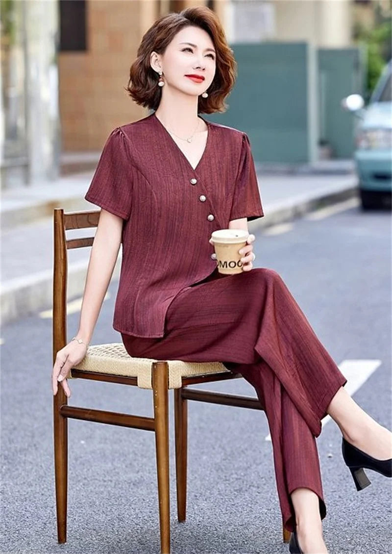 2025 Female Fashion Short Sleeve 2PCS French Women New Two-piece Set Summer Middle Aged Mother Solid Color Wide Leg Pants Outfit
