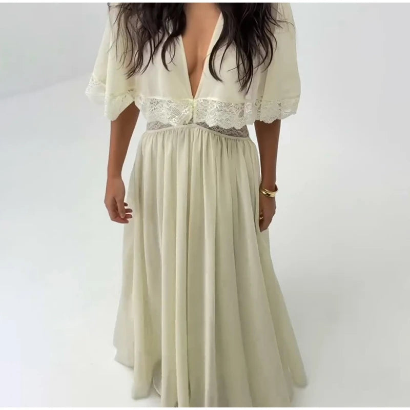 Lightweight Chiffon V-Neck Lace Insert Waist Maxi Dress Cutout Puff Sleeve 2026 Summer Women Party Dress Trendy Chic Lady Outfit