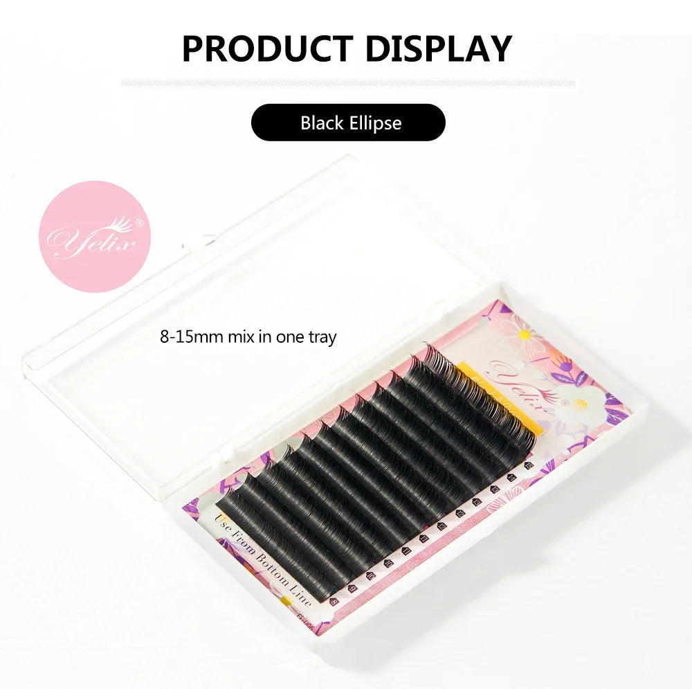 Yelix Flat Ellipse Eyelashes Split Tips Lashes 0.15mm 0.20mm Black Color False Eyelashes Super Soft Natural Eyelash Extension