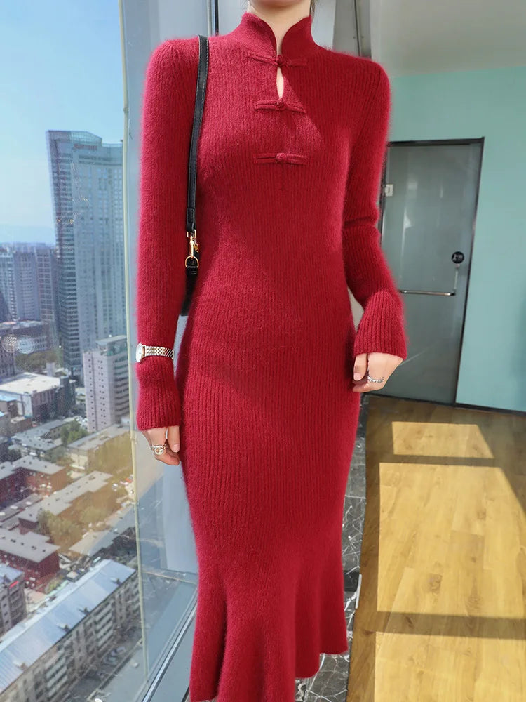 100% Mink Cashmere Knitted Dress Ladies Stand Collar Buckle Long Skirts Retro High Waist Over Knee Slim Dress New Thick Sweater